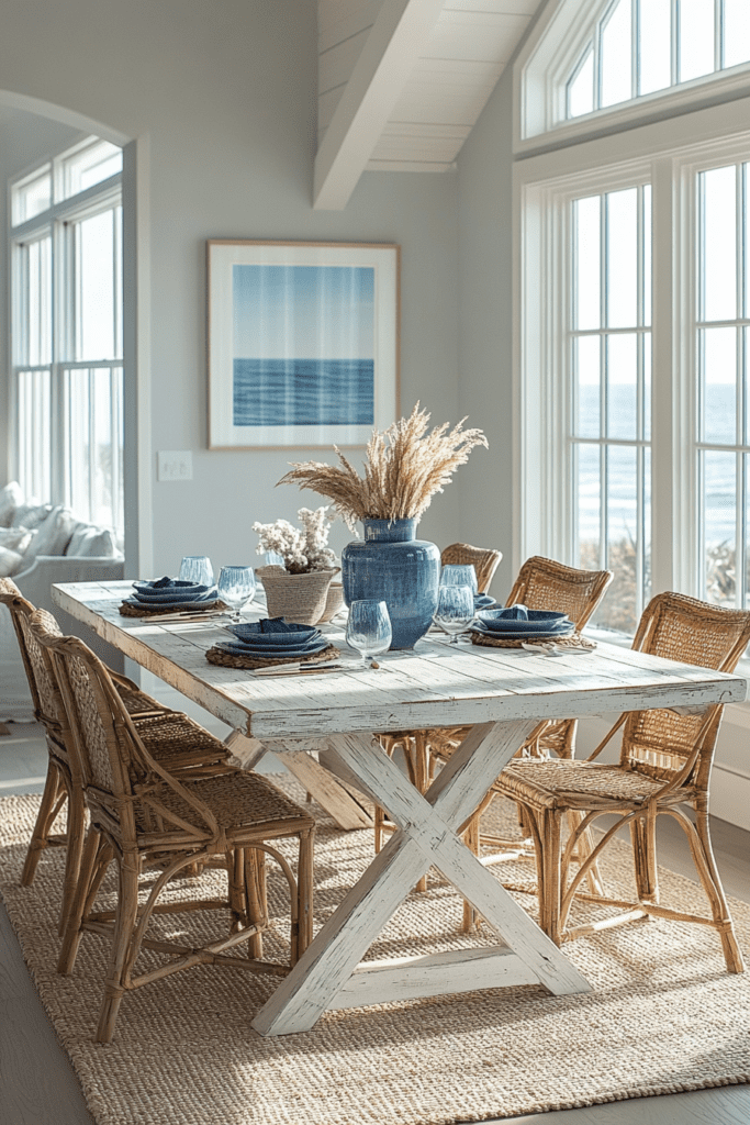 Salle à manger de style côtier avec table en bois rustique et chaises en rotin, lumière naturelle et vue sur l’océan.