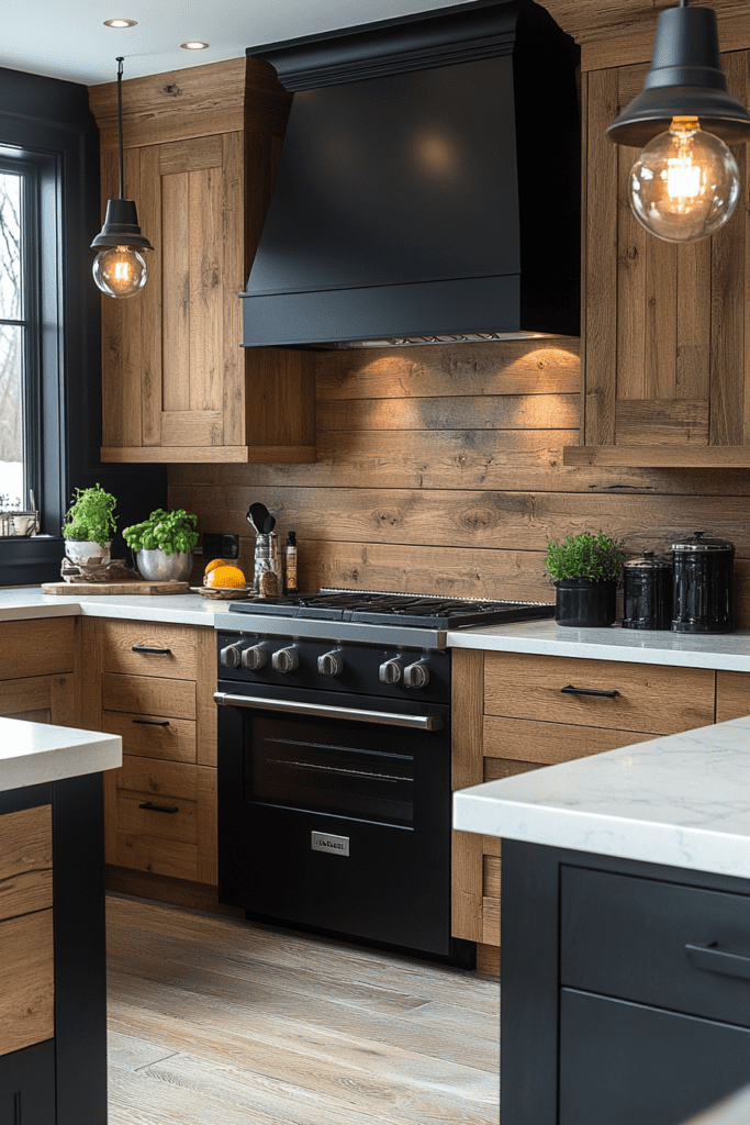 Cuisine en L de style industriel avec des éléments en bois et un four noir mat.