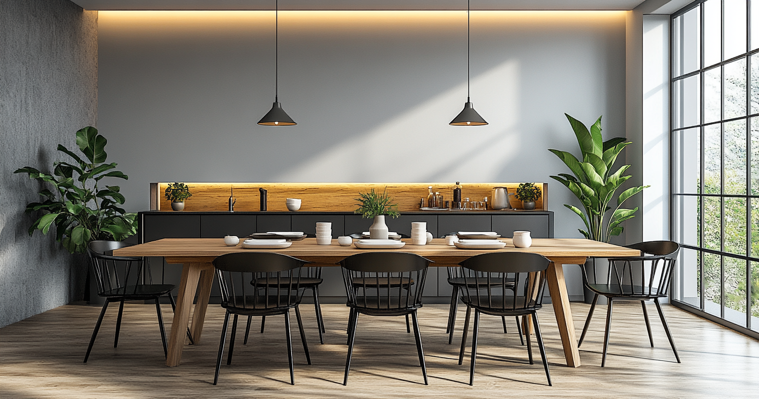 Salle à manger moderne avec table en bois, chaises noires et plantes vertes dans un style scandinave minimaliste.