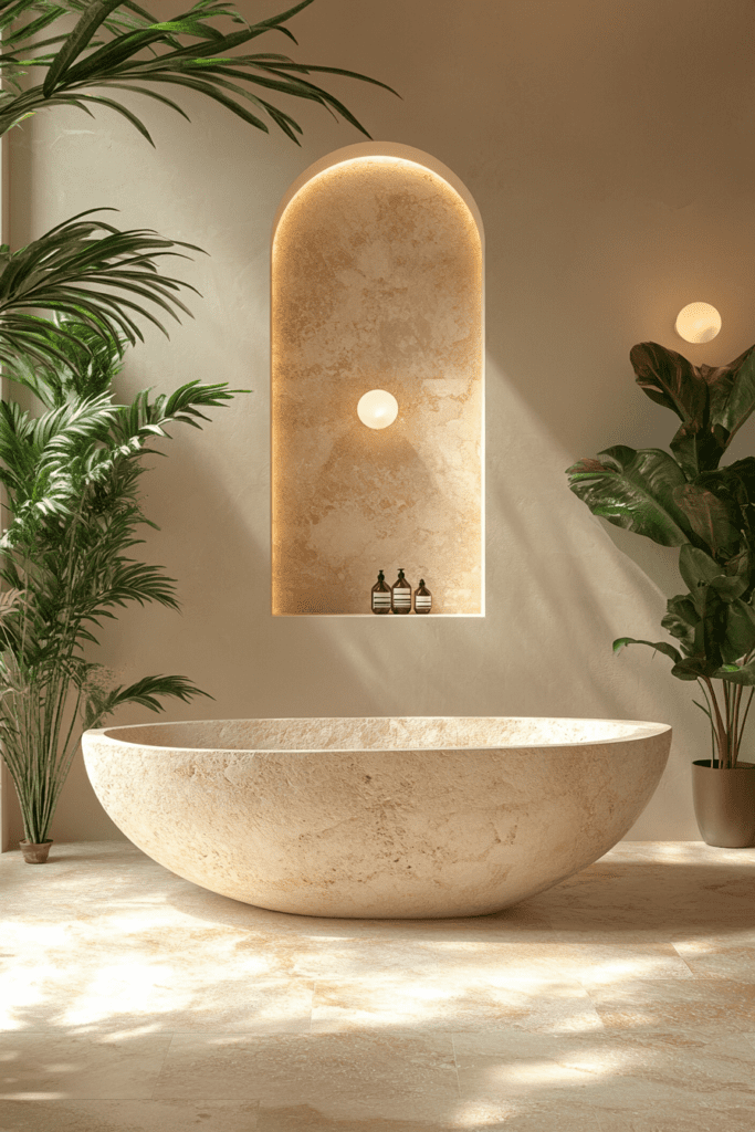 Baignoire en pierre naturelle dans une salle de bain moderne zen avec des plantes tropicales et éclairage doux.