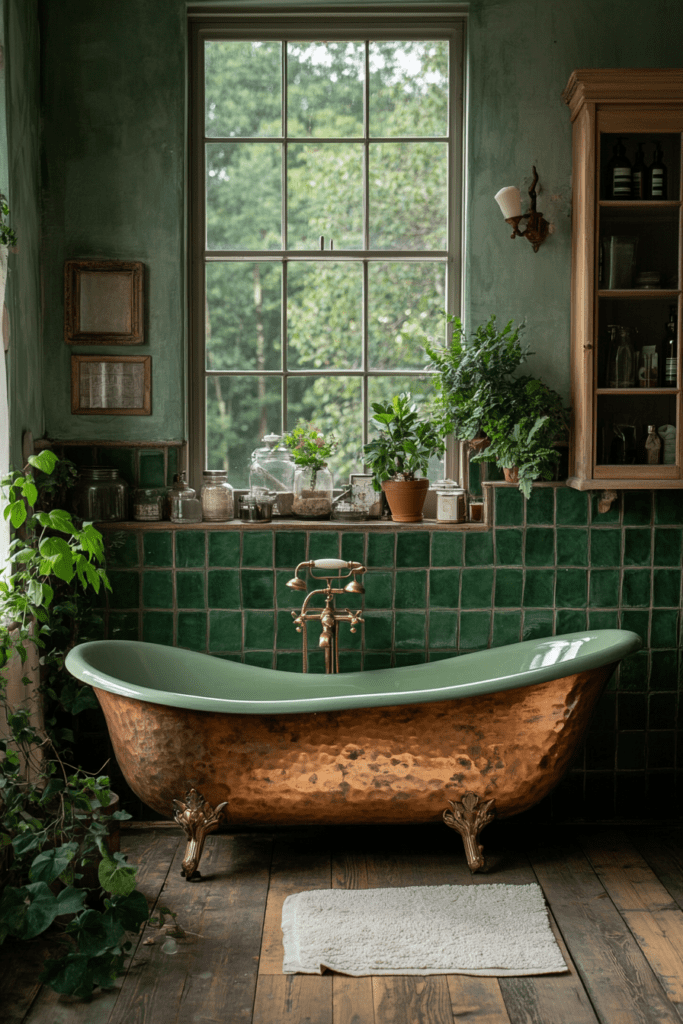 Baignoire en cuivre martelé avec robinetterie dorée dans une salle de bain rétro verdoyante.