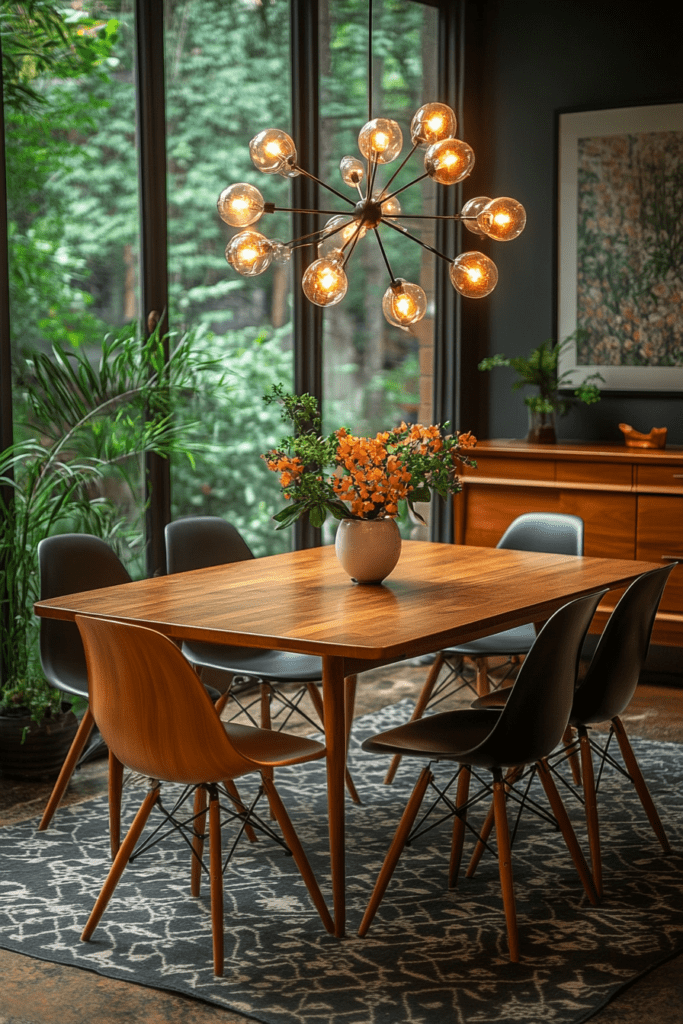 Salle à manger moderne du milieu du siècle avec table en bois et suspension lumineuse rétro, plantes en arrière-plan.