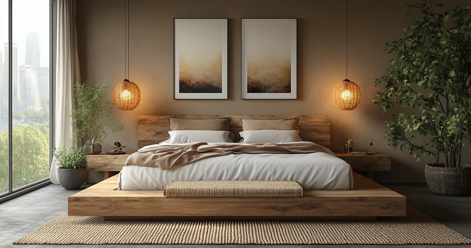 Chambre minimaliste avec lit flottant en bois et grandes fenêtres donnant sur une vue urbaine verdoyante.