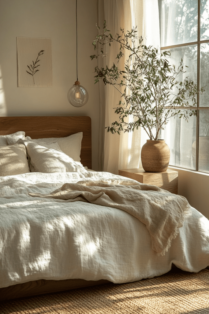 Chambre minimaliste en bois naturel avec un grand lit en lin et une large fenêtre baignée de lumière naturelle.