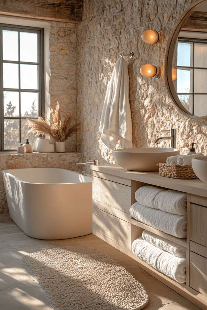 Salle de bain moderne avec baignoire blanche, murs en pierre et accessoires minimalistes.