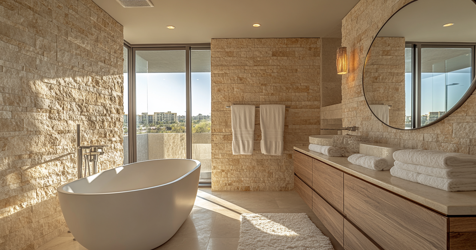 Salle de bain moderne zen avec baignoire îlot, murs en pierre naturelle, et grande fenêtre offrant une vue dégagée.