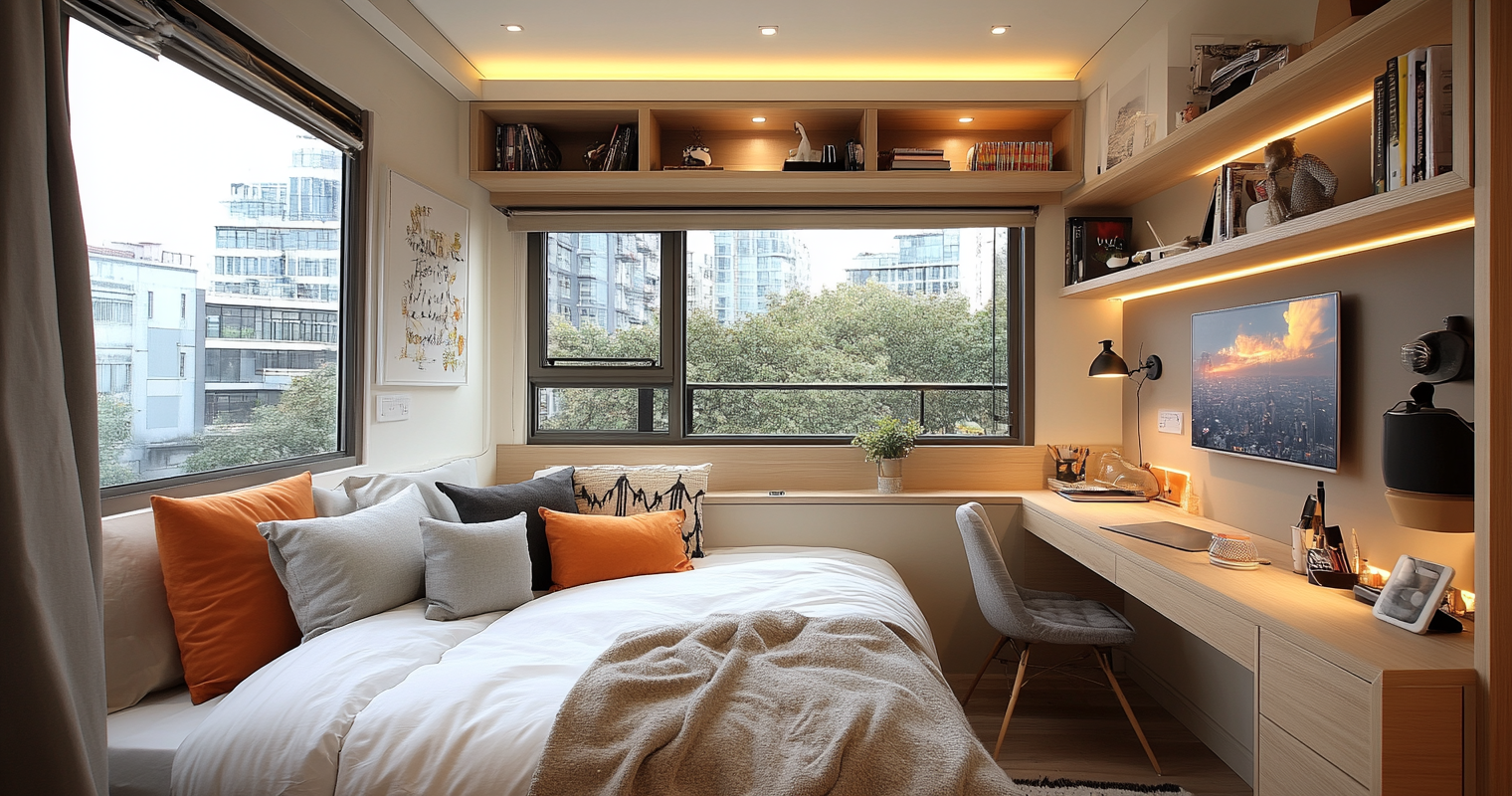 Coin bureau fonctionnel et moderne dans une petite chambre avec vue sur la ville, avec un lit cosy et des étagères intégrées.