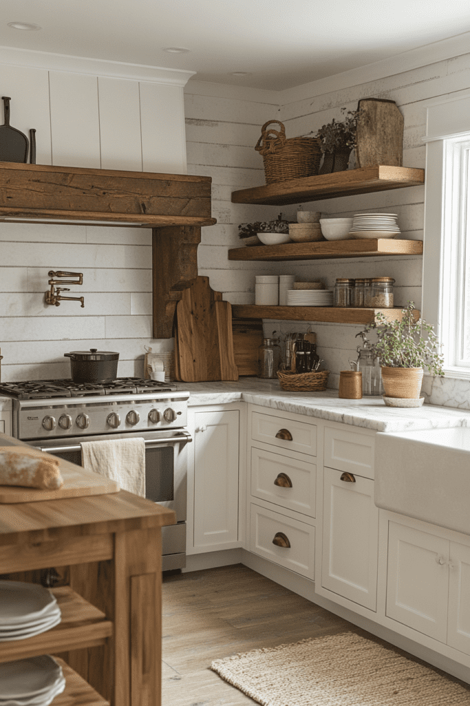 Cuisine en L de style farmhouse avec des éléments en bois rustiques et des armoires blanches.