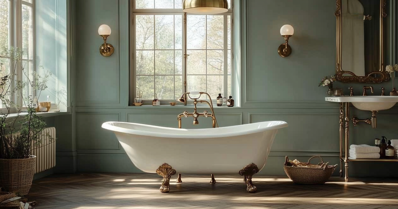Baignoire sur pieds avec robinetterie dorée dans une salle de bain rétro élégante avec grande fenêtre et lumière naturelle.