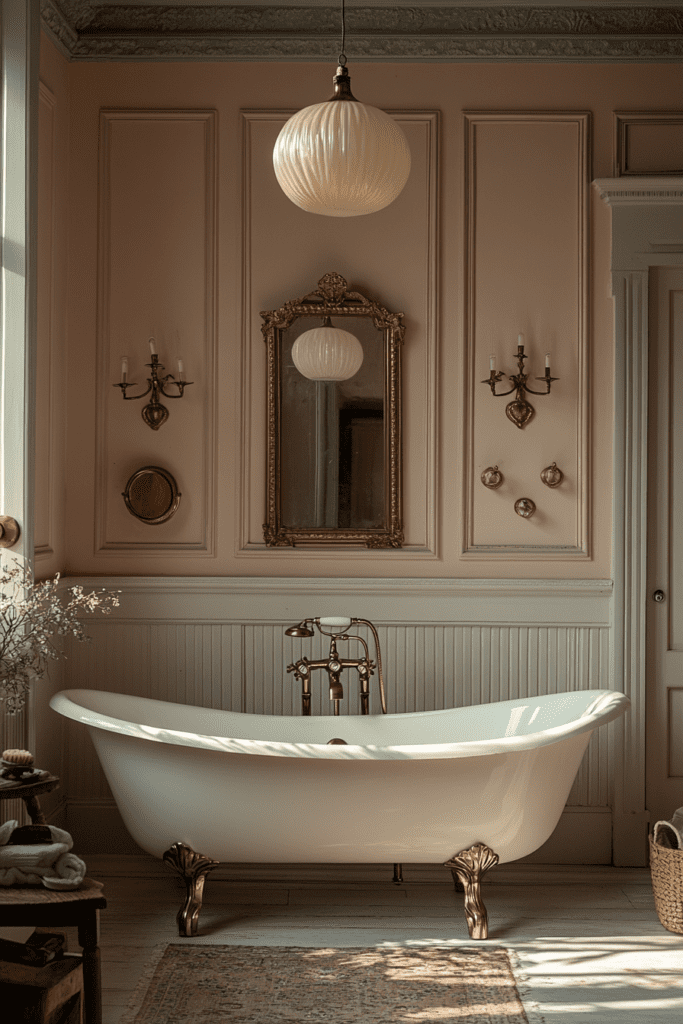 Baignoire sur pieds blanche dans une salle de bain rétro élégante avec murs roses et miroir doré.