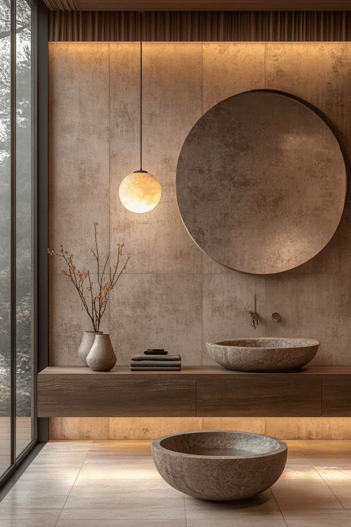 Salle de bain zen avec vasque en pierre, miroir rond et éclairage tamisé.