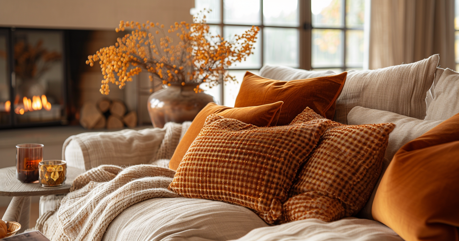 Canapé décoré pour l'automne avec des coussins en velours orange, plaid en tricot, bougies et vase rempli de branches orangées, ambiance chaleureuse avec cheminée allumée en arrière-plan.