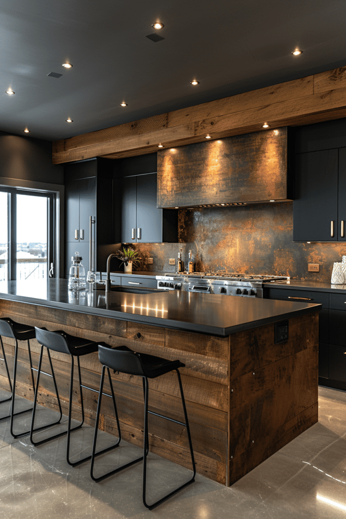 Cuisine moderne avec îlot central en bois et crédence métallique oxydée.