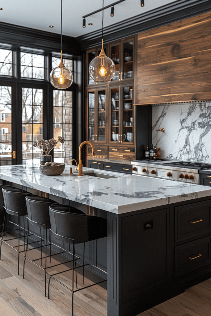 Cuisine luxueuse avec îlot en marbre blanc et étagères en bois sombre.
