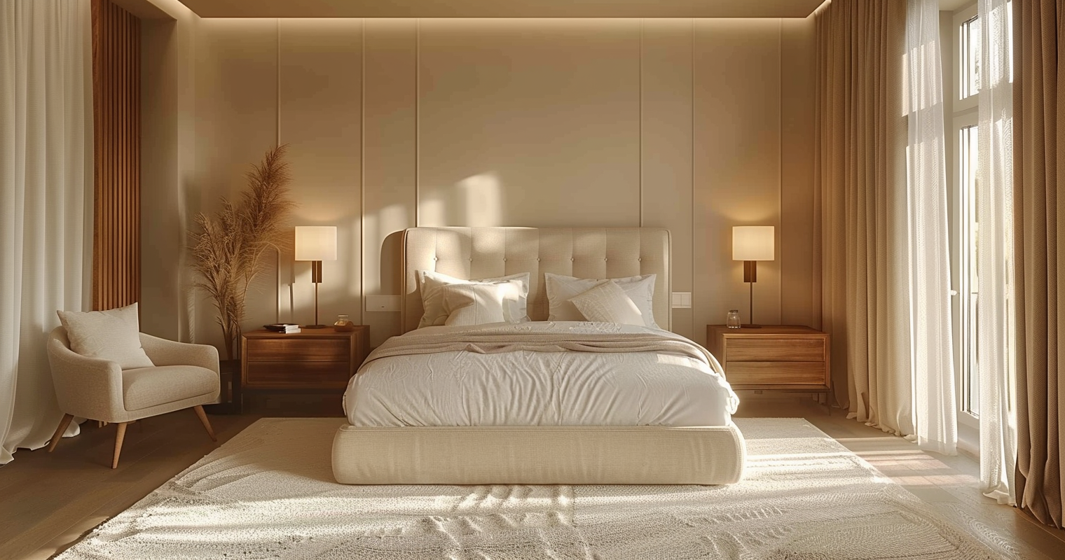 Chambre moderne chic dans des tons neutres avec un lit élégant, des drapés légers et une lumière douce.