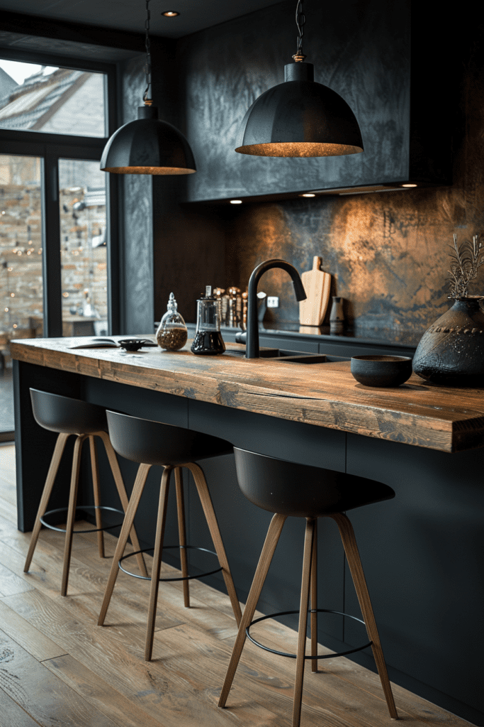 Cuisine minimaliste avec comptoir en bois brut et suspensions métalliques noires.