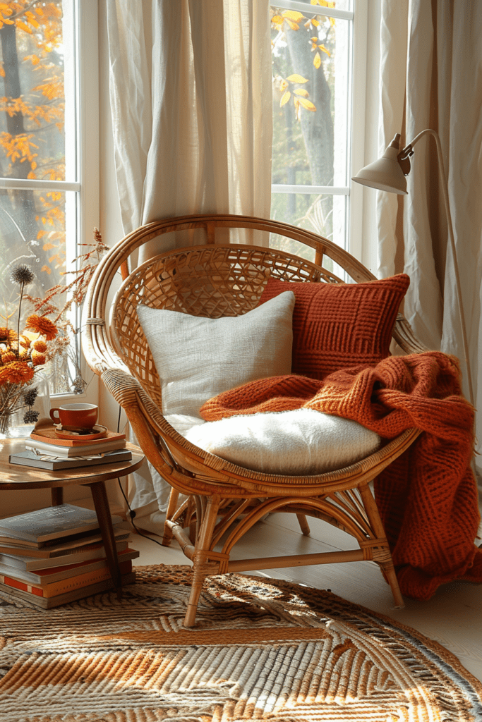 Coin lecture automnal avec fauteuil en rotin, coussins douillets, plaid en tricot orange, et vue sur des arbres aux feuilles dorées.