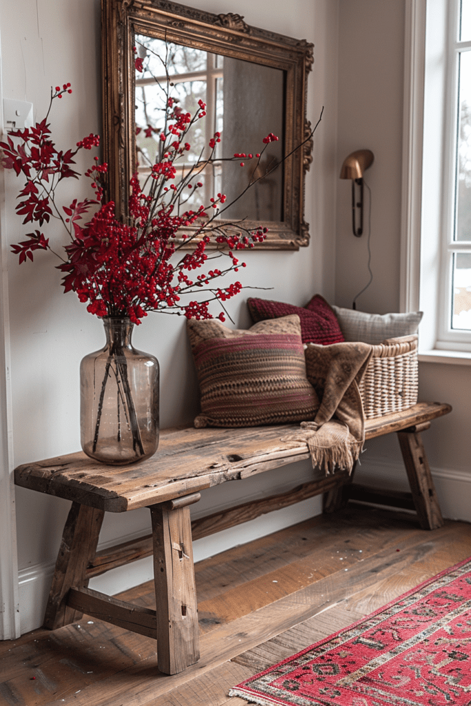 Entrée décorée dans le style automnal avec banc en bois, coussins colorés, vase rempli de branches rouges, et miroir doré.